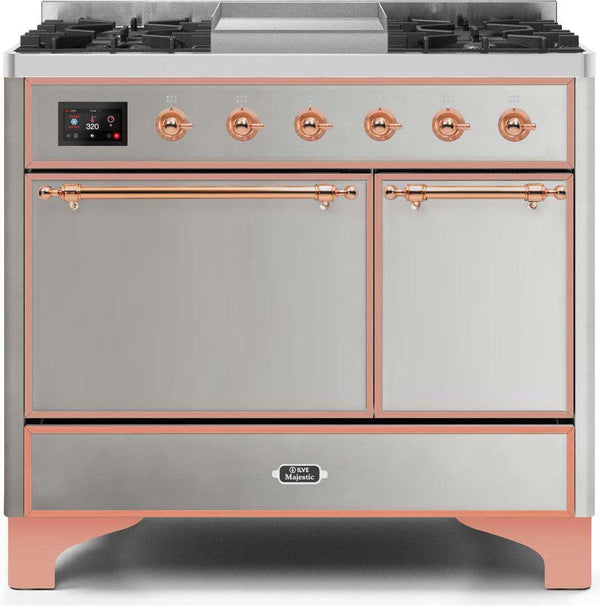 ILVE 40" Majestic II Dual Fuel Range with 6 Sealed Burners and Griddle - 3.82 cu. ft. Oven - Copper Trim in Stainless Steel (UMD10FDQNS3SSP)