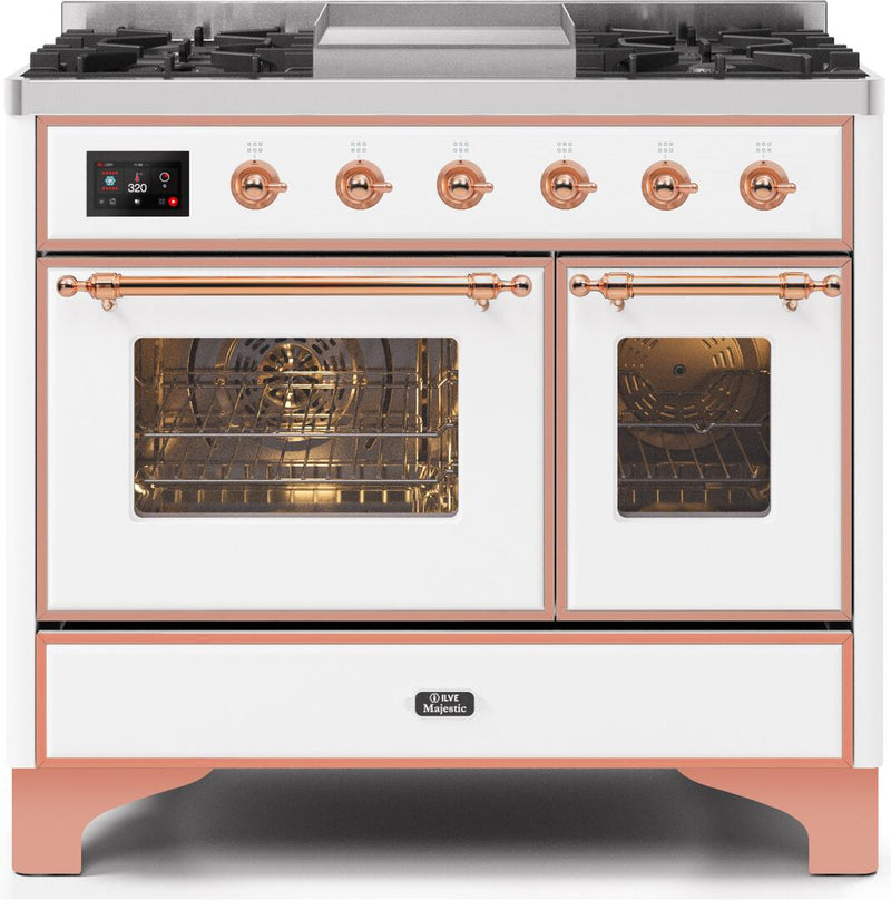 ILVE 40" Majestic II Dual Fuel Range with 6 Sealed Burners and Griddle - 3.82 cu. ft. Oven - Copper Trim in White (UMD10FDNS3WHP)