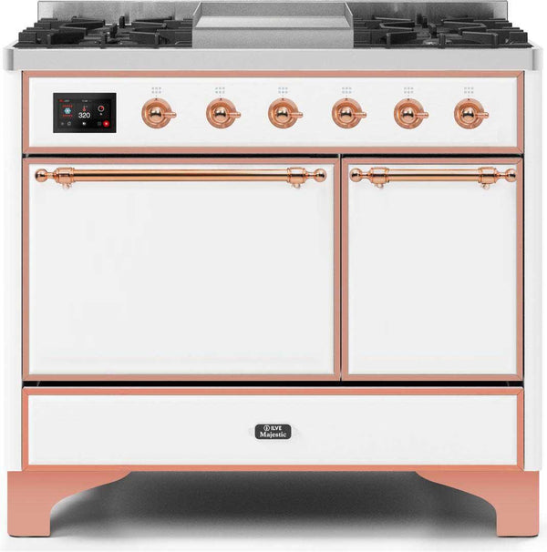 ILVE 40" Majestic II Dual Fuel Range with 6 Sealed Burners and Griddle - 3.82 cu. ft. Oven - Copper Trim in White (UMD10FDQNS3WHP)