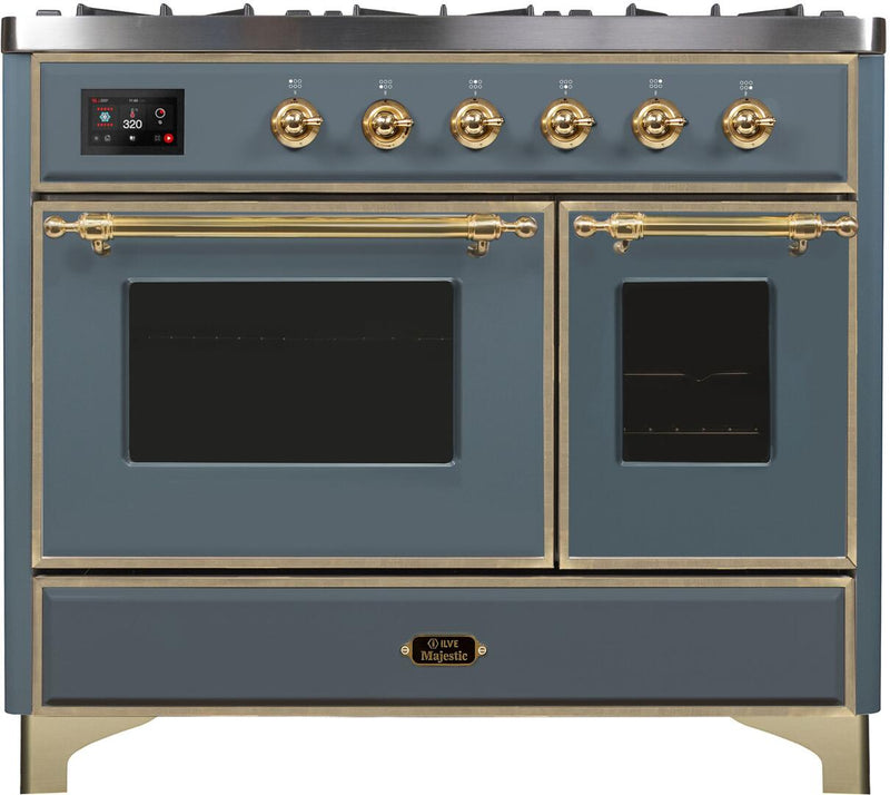 ILVE 40" Majestic II Dual Fuel Range with 6 Sealed Burners and Griddle - 3.82 cu. ft. Oven - in Grey Blue with Brass Trim (UMD10FDNS3BGG)