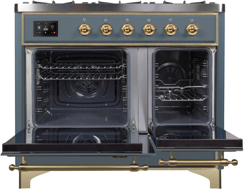 ILVE 40" Majestic II Dual Fuel Range with 6 Sealed Burners and Griddle - 3.82 cu. ft. Oven - in Grey Blue with Brass Trim (UMD10FDNS3BGG)