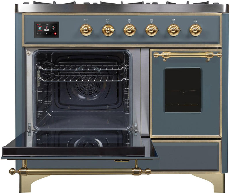 ILVE 40" Majestic II Dual Fuel Range with 6 Sealed Burners and Griddle - 3.82 cu. ft. Oven - in Grey Blue with Brass Trim (UMD10FDNS3BGG)