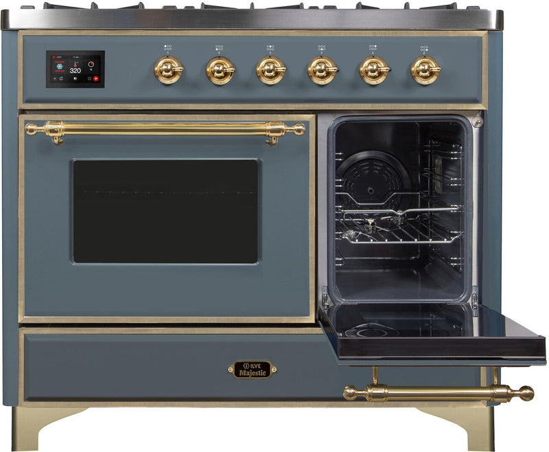 ILVE 40" Majestic II Dual Fuel Range with 6 Sealed Burners and Griddle - 3.82 cu. ft. Oven - in Grey Blue with Brass Trim (UMD10FDNS3BGG)