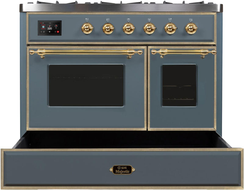 ILVE 40" Majestic II Dual Fuel Range with 6 Sealed Burners and Griddle - 3.82 cu. ft. Oven - in Grey Blue with Brass Trim (UMD10FDNS3BGG)