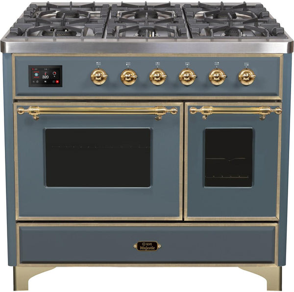 ILVE 40" Majestic II Dual Fuel Range with 6 Sealed Burners and Griddle - 3.82 cu. ft. Oven - in Grey Blue with Brass Trim (UMD10FDNS3BGG)