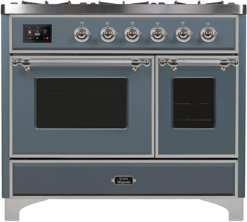 ILVE 40" Majestic II Dual Fuel Range with 6 Sealed Burners and Griddle - 3.82 cu. ft. Oven - in Grey Blue with Chrome Trim (UMD10FDNS3BGC)