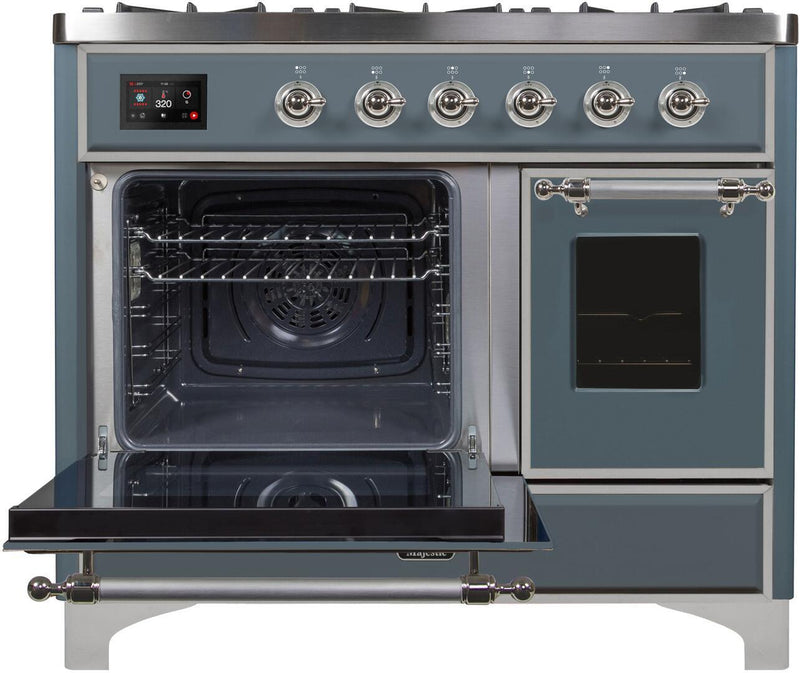 ILVE 40" Majestic II Dual Fuel Range with 6 Sealed Burners and Griddle - 3.82 cu. ft. Oven - in Grey Blue with Chrome Trim (UMD10FDNS3BGC)