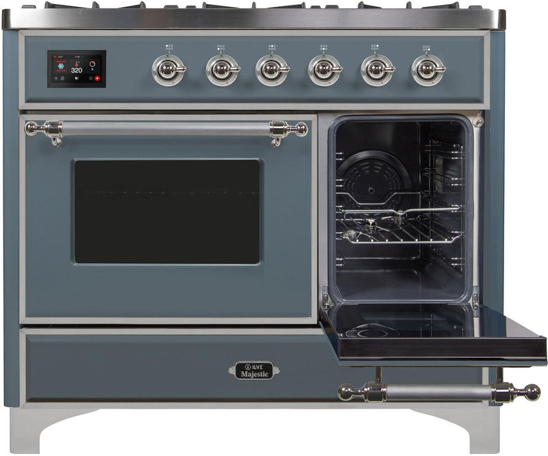 ILVE 40" Majestic II Dual Fuel Range with 6 Sealed Burners and Griddle - 3.82 cu. ft. Oven - in Grey Blue with Chrome Trim (UMD10FDNS3BGC)