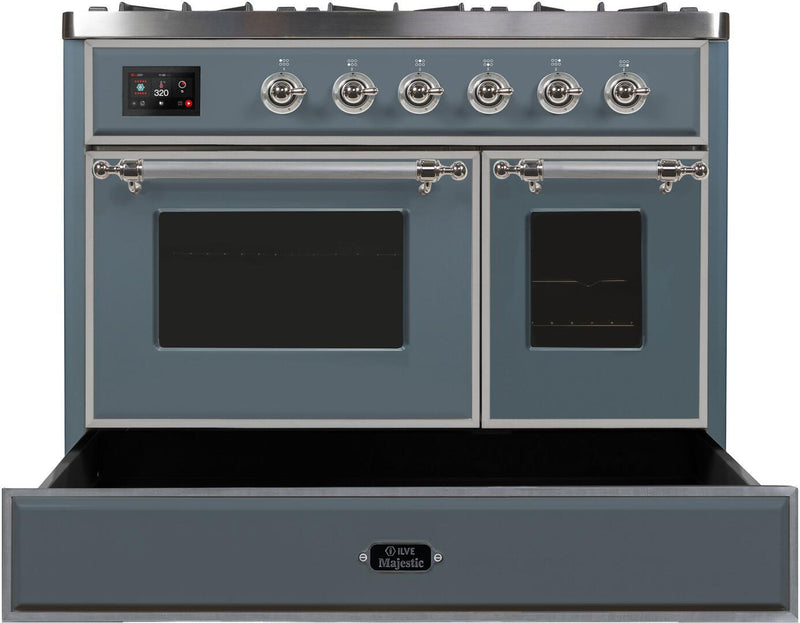 ILVE 40" Majestic II Dual Fuel Range with 6 Sealed Burners and Griddle - 3.82 cu. ft. Oven - in Grey Blue with Chrome Trim (UMD10FDNS3BGC)