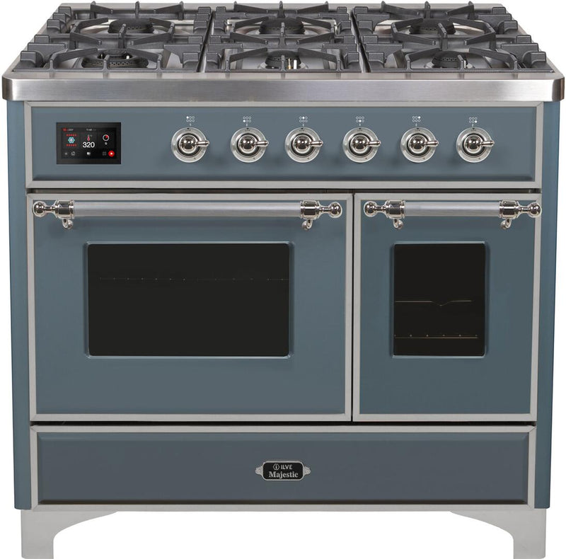 ILVE 40" Majestic II Dual Fuel Range with 6 Sealed Burners and Griddle - 3.82 cu. ft. Oven - in Grey Blue with Chrome Trim (UMD10FDNS3BGC)