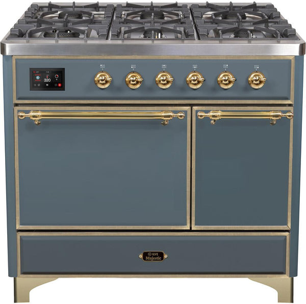 ILVE 40" Majestic II Series Freestanding Dual Fuel Double Oven Range with 6 Sealed Burners in Blue Grey with Brass Trim (UMD10FDQNS3BGG)