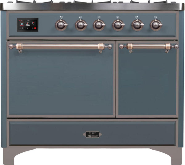 ILVE 40" Majestic II Series Freestanding Dual Fuel Double Oven Range with 6 Sealed Burners in Blue Grey with Bronze Trim (UMD10FDQNS3BGB)