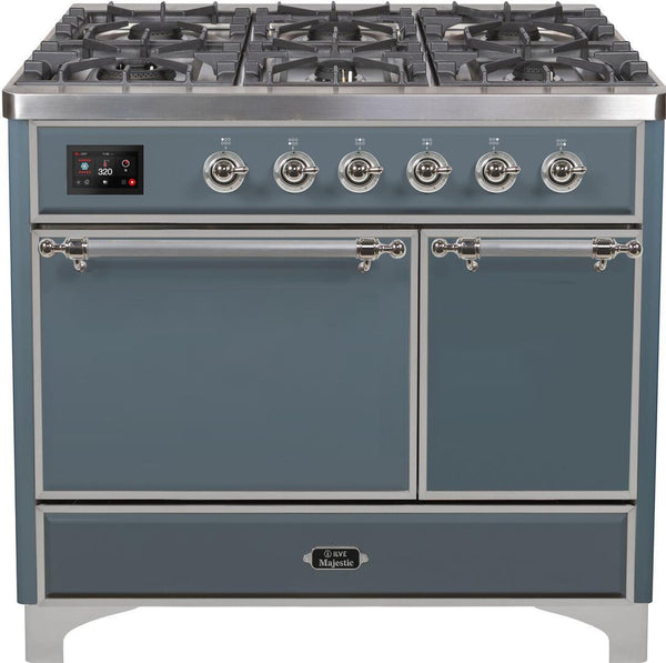 ILVE 40" Majestic II Series Freestanding Dual Fuel Double Oven Range with 6 Sealed Burners in Blue Grey with Chrome Trim (UMD10FDQNS3BGC)