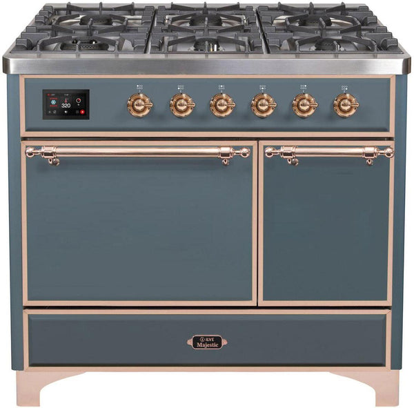 ILVE 40" Majestic II Series Freestanding Dual Fuel Double Oven Range with 6 Sealed Burners in Blue Grey with Copper Trim (UMD10FDQNS3BGP)