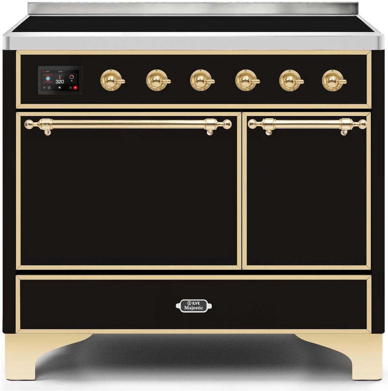 ILVE 40" Majestic II induction Range with 6 Elements - Dual Oven - TFT Control Display in Glossy Black with Brass Trim (UMDI10QNS3BKG)