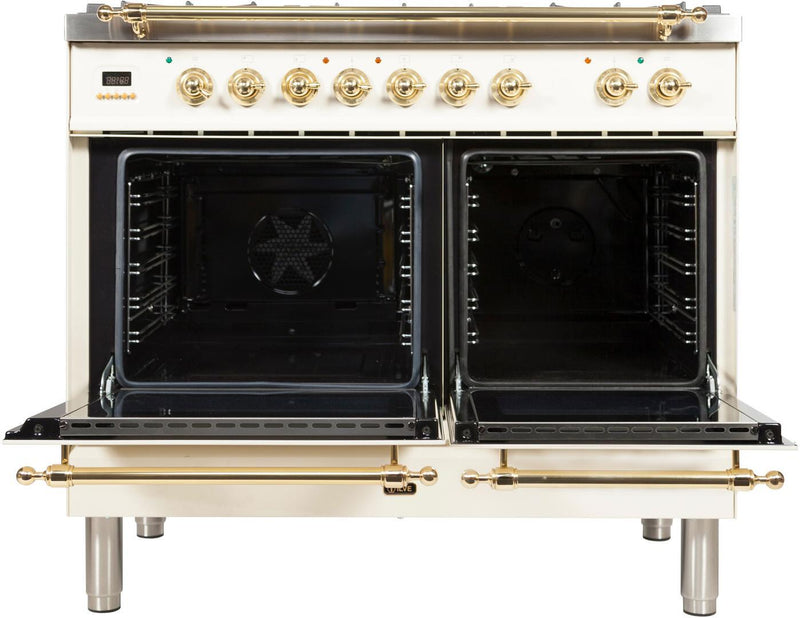 ILVE 40" Nostalgie - Dual Fuel Range with 5 Sealed Brass Burners - 3.55 cu. ft. Oven - Griddle with Brass Trim in Antique White (UPDN100FDMPA)