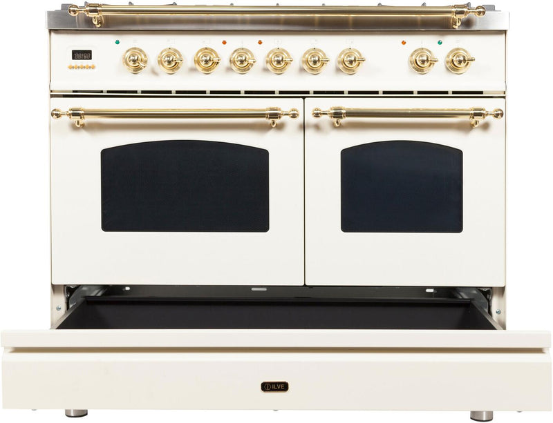 ILVE 40" Nostalgie - Dual Fuel Range with 5 Sealed Brass Burners - 3.55 cu. ft. Oven - Griddle with Brass Trim in Antique White (UPDN100FDMPA)