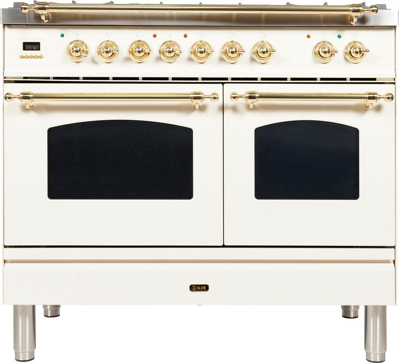 ILVE 40" Nostalgie - Dual Fuel Range with 5 Sealed Brass Burners - 3.55 cu. ft. Oven - Griddle with Brass Trim in Antique White (UPDN100FDMPA)