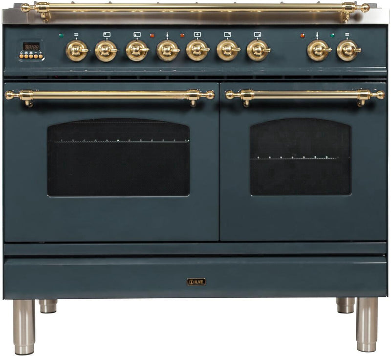 ILVE 40" Nostalgie - Dual Fuel Range with 5 Sealed Brass Burners - 3.55 cu. ft. Oven - Griddle with Brass Trim in Blue Grey (UPDN100FDMPGU)