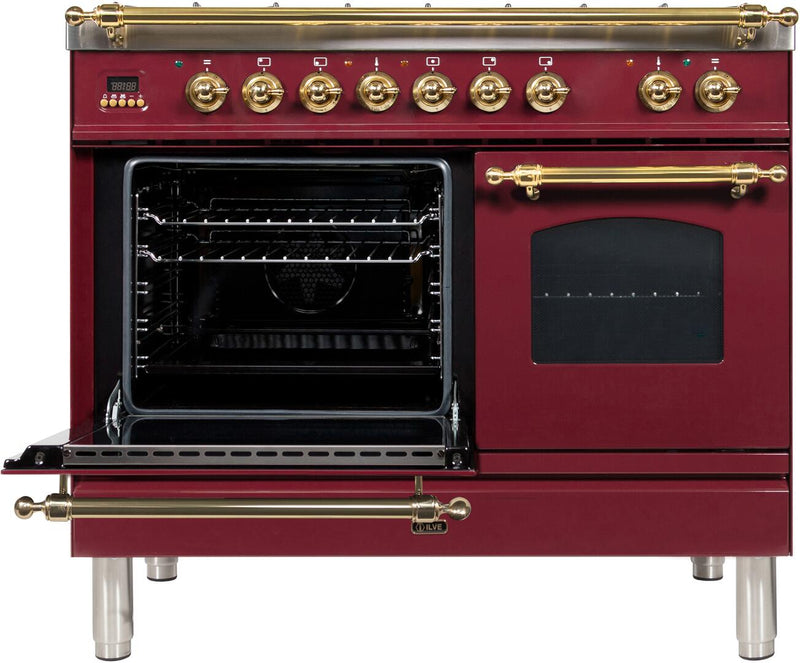 ILVE 40" Nostalgie - Dual Fuel Range with 5 Sealed Brass Burners - 3.55 cu. ft. Oven - Griddle with Brass Trim in Burgundy (UPDN100FDMPRB)