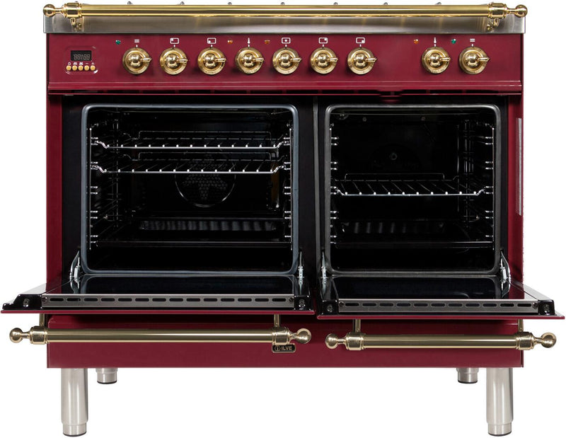 ILVE 40" Nostalgie - Dual Fuel Range with 5 Sealed Brass Burners - 3.55 cu. ft. Oven - Griddle with Brass Trim in Burgundy (UPDN100FDMPRB)