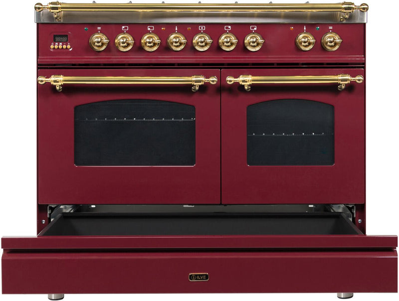 ILVE 40" Nostalgie - Dual Fuel Range with 5 Sealed Brass Burners - 3.55 cu. ft. Oven - Griddle with Brass Trim in Burgundy (UPDN100FDMPRB)