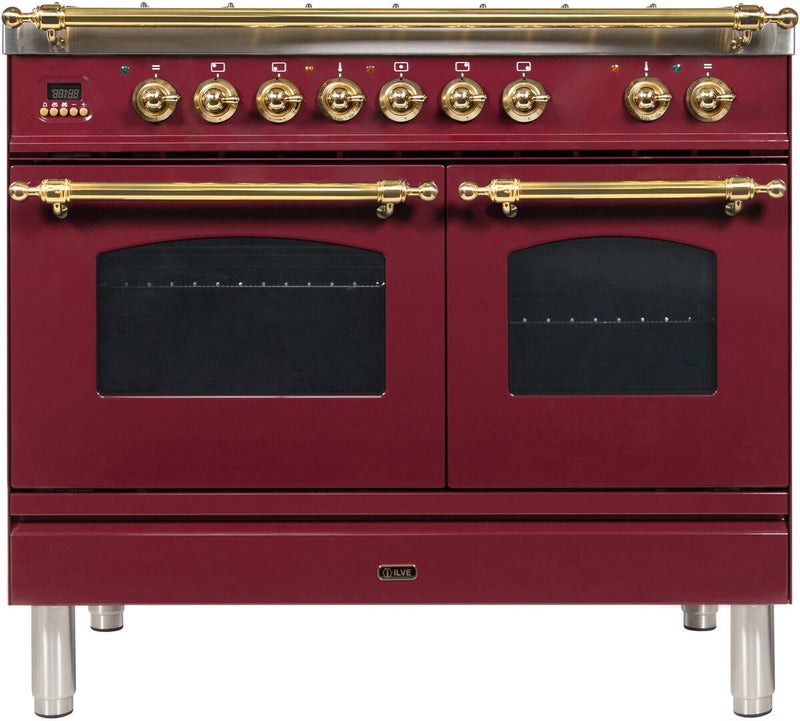 ILVE 40" Nostalgie - Dual Fuel Range with 5 Sealed Brass Burners - 3.55 cu. ft. Oven - Griddle with Brass Trim in Burgundy (UPDN100FDMPRB)