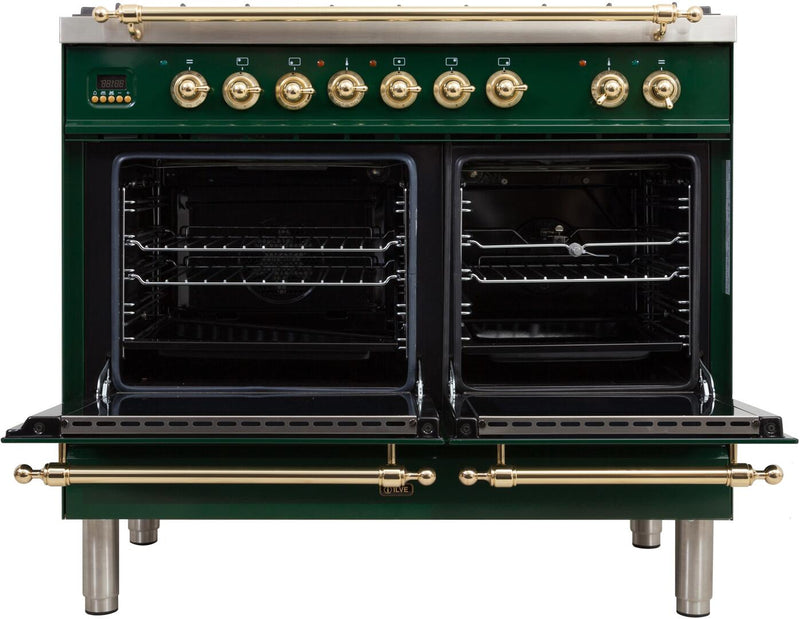 ILVE 40" Nostalgie - Dual Fuel Range with 5 Sealed Brass Burners - 3.55 cu. ft. Oven - Griddle with Brass Trim in Emerald Green (UPDN100FDMPVS)