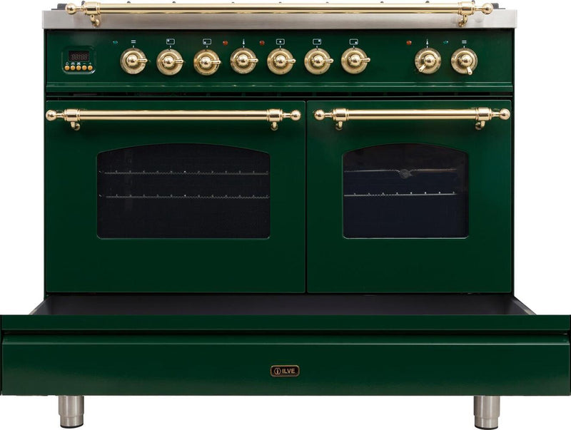 ILVE 40" Nostalgie - Dual Fuel Range with 5 Sealed Brass Burners - 3.55 cu. ft. Oven - Griddle with Brass Trim in Emerald Green (UPDN100FDMPVS)