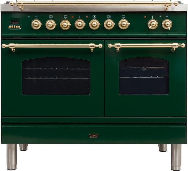 ILVE 40" Nostalgie - Dual Fuel Range with 5 Sealed Brass Burners - 3.55 cu. ft. Oven - Griddle with Brass Trim in Emerald Green (UPDN100FDMPVS)
