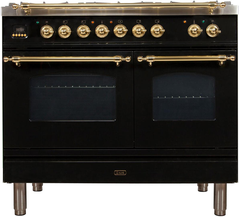 ILVE 40" Nostalgie - Dual Fuel Range with 5 Sealed Brass Burners - 3.55 cu. ft. Oven - Griddle with Brass Trim in Glossy Black (UPDN100FDMPN)