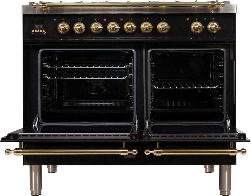 ILVE 40" Nostalgie - Dual Fuel Range with 5 Sealed Brass Burners - 3.55 cu. ft. Oven - Griddle with Brass Trim in Glossy Black (UPDN100FDMPN)