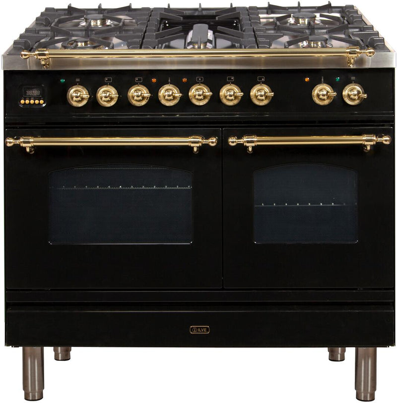 ILVE 40" Nostalgie - Dual Fuel Range with 5 Sealed Brass Burners - 3.55 cu. ft. Oven - Griddle with Brass Trim in Glossy Black (UPDN100FDMPN)