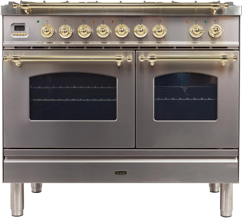 ILVE 40" Nostalgie - Dual Fuel Range with 5 Sealed Brass Burners - 3.55 cu. ft. Oven - Griddle with Brass Trim in Stainless Steel (UPDN100FDMPI)