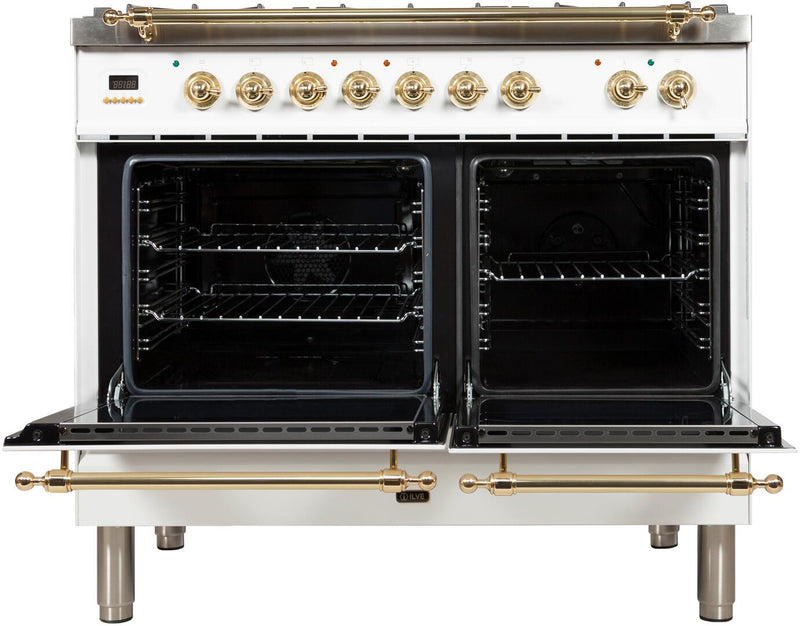 ILVE 40" Nostalgie - Dual Fuel Range with 5 Sealed Brass Burners - 3.55 cu. ft. Oven - Griddle with Brass Trim in White (UPDN100FDMPB)