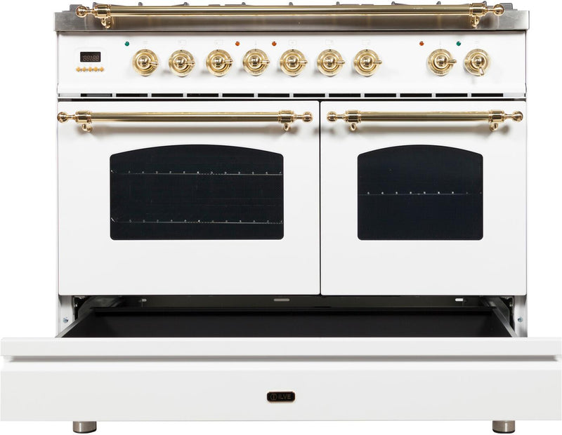 ILVE 40" Nostalgie - Dual Fuel Range with 5 Sealed Brass Burners - 3.55 cu. ft. Oven - Griddle with Brass Trim in White (UPDN100FDMPB)