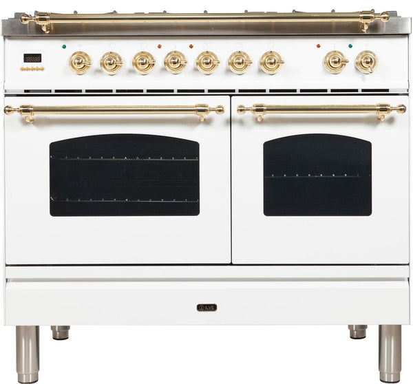 ILVE 40" Nostalgie - Dual Fuel Range with 5 Sealed Brass Burners - 3.55 cu. ft. Oven - Griddle with Brass Trim in White (UPDN100FDMPB)