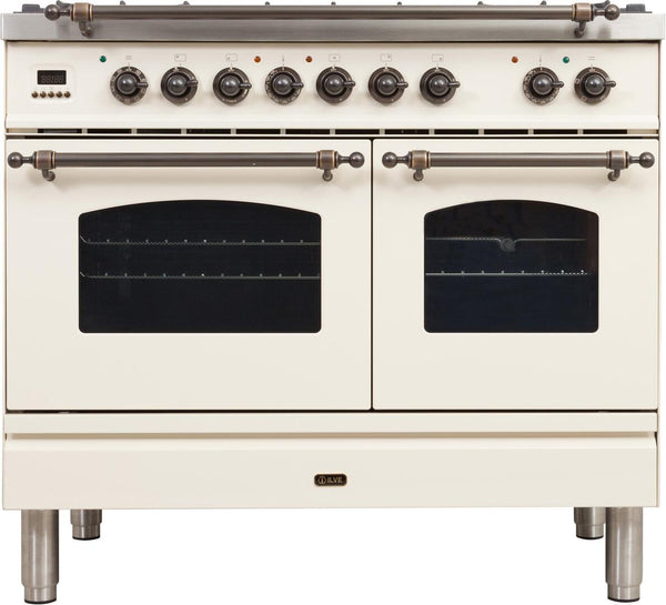 ILVE 40" Nostalgie - Dual Fuel Range with 5 Sealed Brass Burners - 3.55 cu. ft. Oven - Griddle with Bronze Trim in Antique White (UPDN100FDMPAY)