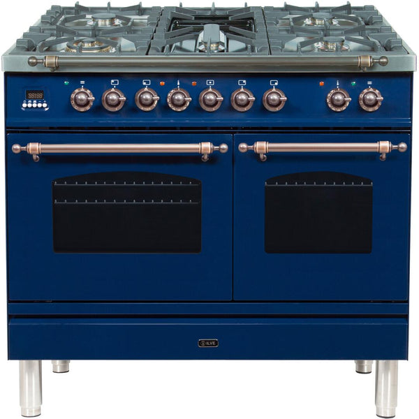 ILVE 40" Nostalgie - Dual Fuel Range with 5 Sealed Brass Burners - 3.55 cu. ft. Oven - Griddle with Bronze Trim in Blue (UPDN100FDMPBLY)