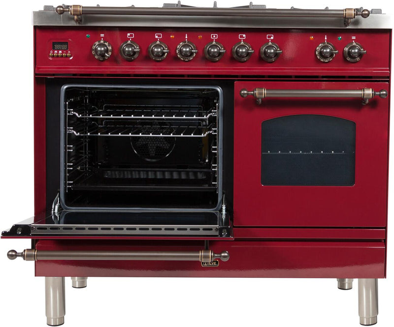 ILVE 40" Nostalgie - Dual Fuel Range with 5 Sealed Brass Burners - 3.55 cu. ft. Oven - Griddle with Bronze Trim in Burgundy (UPDN100FDMPRBY)