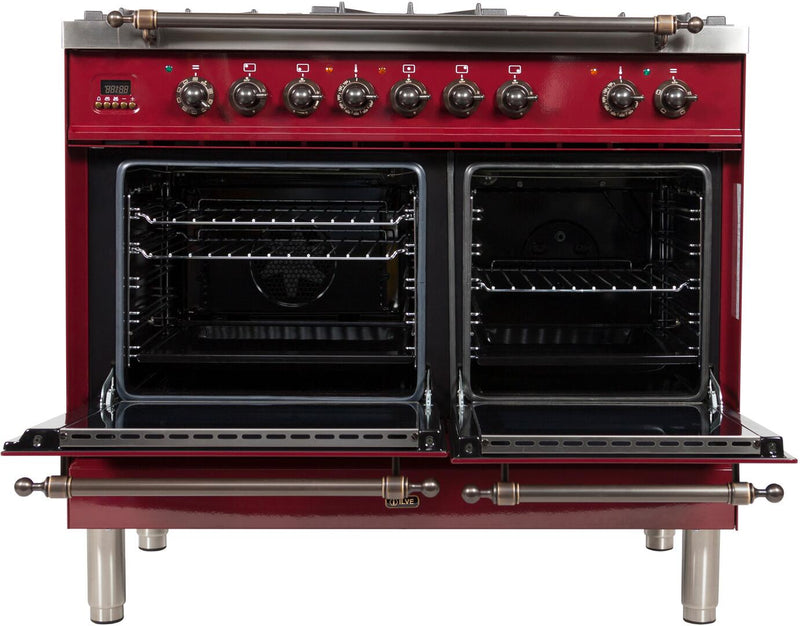 ILVE 40" Nostalgie - Dual Fuel Range with 5 Sealed Brass Burners - 3.55 cu. ft. Oven - Griddle with Bronze Trim in Burgundy (UPDN100FDMPRBY)