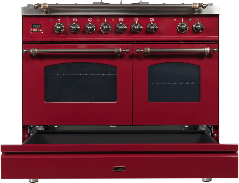 ILVE 40" Nostalgie - Dual Fuel Range with 5 Sealed Brass Burners - 3.55 cu. ft. Oven - Griddle with Bronze Trim in Burgundy (UPDN100FDMPRBY)