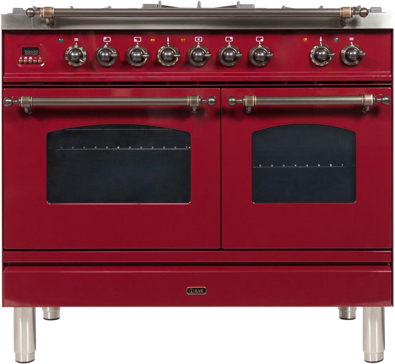 ILVE 40" Nostalgie - Dual Fuel Range with 5 Sealed Brass Burners - 3.55 cu. ft. Oven - Griddle with Bronze Trim in Burgundy (UPDN100FDMPRBY)