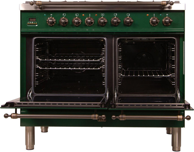 ILVE 40" Nostalgie - Dual Fuel Range with 5 Sealed Brass Burners - 3.55 cu. ft. Oven - Griddle with Bronze Trim in Emerald Green (UPDN100FDMPVSY)