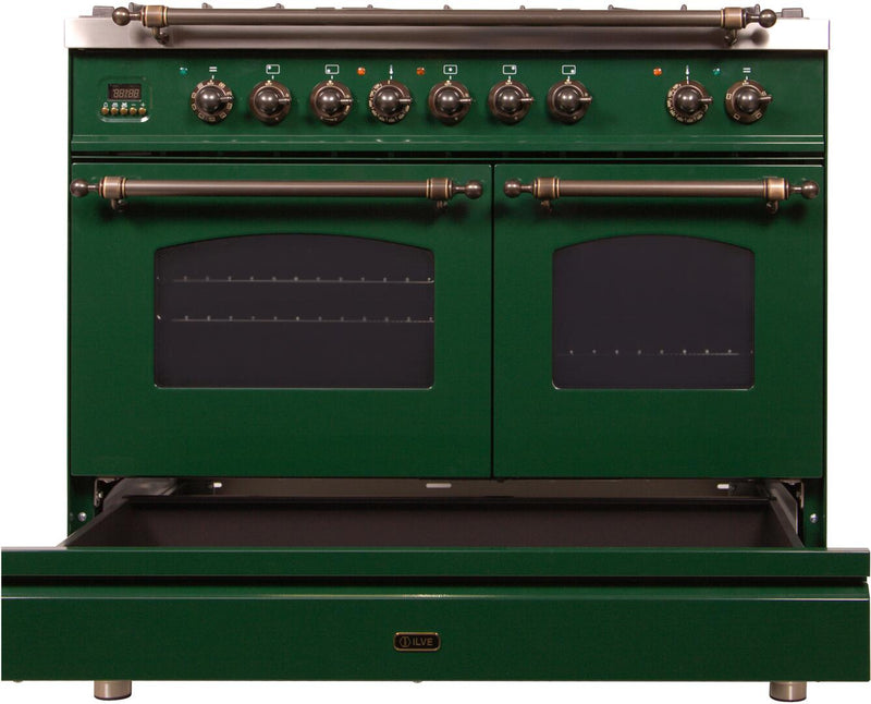 ILVE 40" Nostalgie - Dual Fuel Range with 5 Sealed Brass Burners - 3.55 cu. ft. Oven - Griddle with Bronze Trim in Emerald Green (UPDN100FDMPVSY)