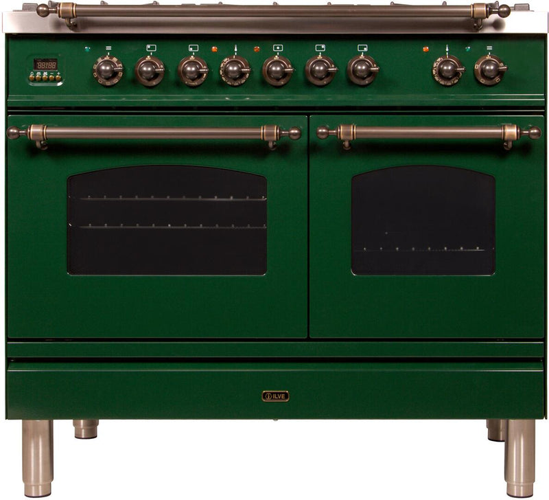 ILVE 40" Nostalgie - Dual Fuel Range with 5 Sealed Brass Burners - 3.55 cu. ft. Oven - Griddle with Bronze Trim in Emerald Green (UPDN100FDMPVSY)