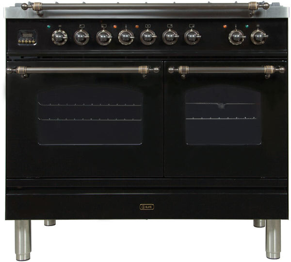 ILVE 40" Nostalgie - Dual Fuel Range with 5 Sealed Brass Burners - 3.55 cu. ft. Oven - Griddle with Bronze Trim in Glossy Black (UPDN100FDMPNY)
