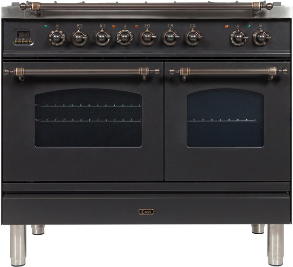 ILVE 40" Nostalgie - Dual Fuel Range with 5 Sealed Brass Burners - 3.55 cu. ft. Oven - Griddle with Bronze Trim in Matte Graphite (UPDN100FDMPMY)