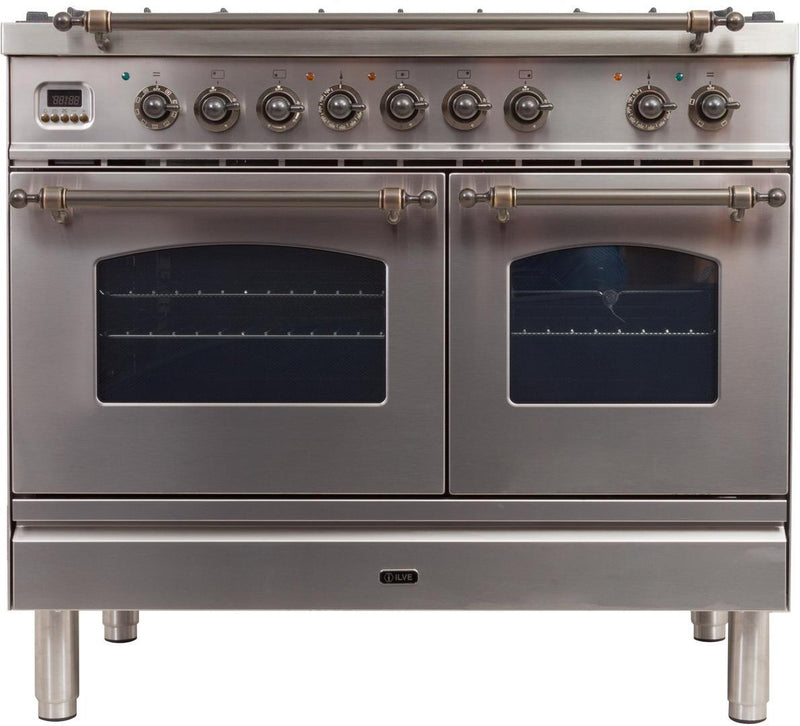 ILVE 40" Nostalgie - Dual Fuel Range with 5 Sealed Brass Burners - 3.55 cu. ft. Oven - Griddle with Bronze Trim in Stainless Steel (UPDN100FDMPIY)