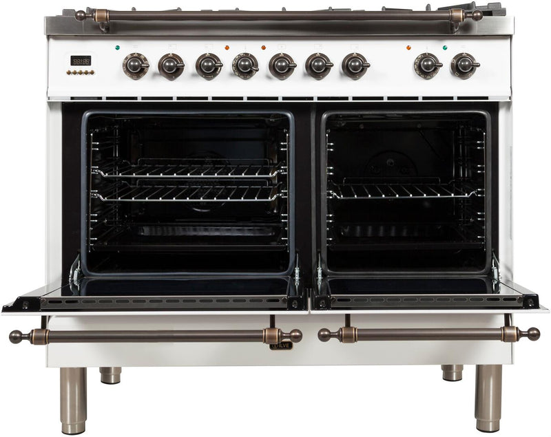 ILVE 40" Nostalgie - Dual Fuel Range with 5 Sealed Brass Burners - 3.55 cu. ft. Oven - Griddle with Bronze Trim in White (UPDN100FDMPBY)